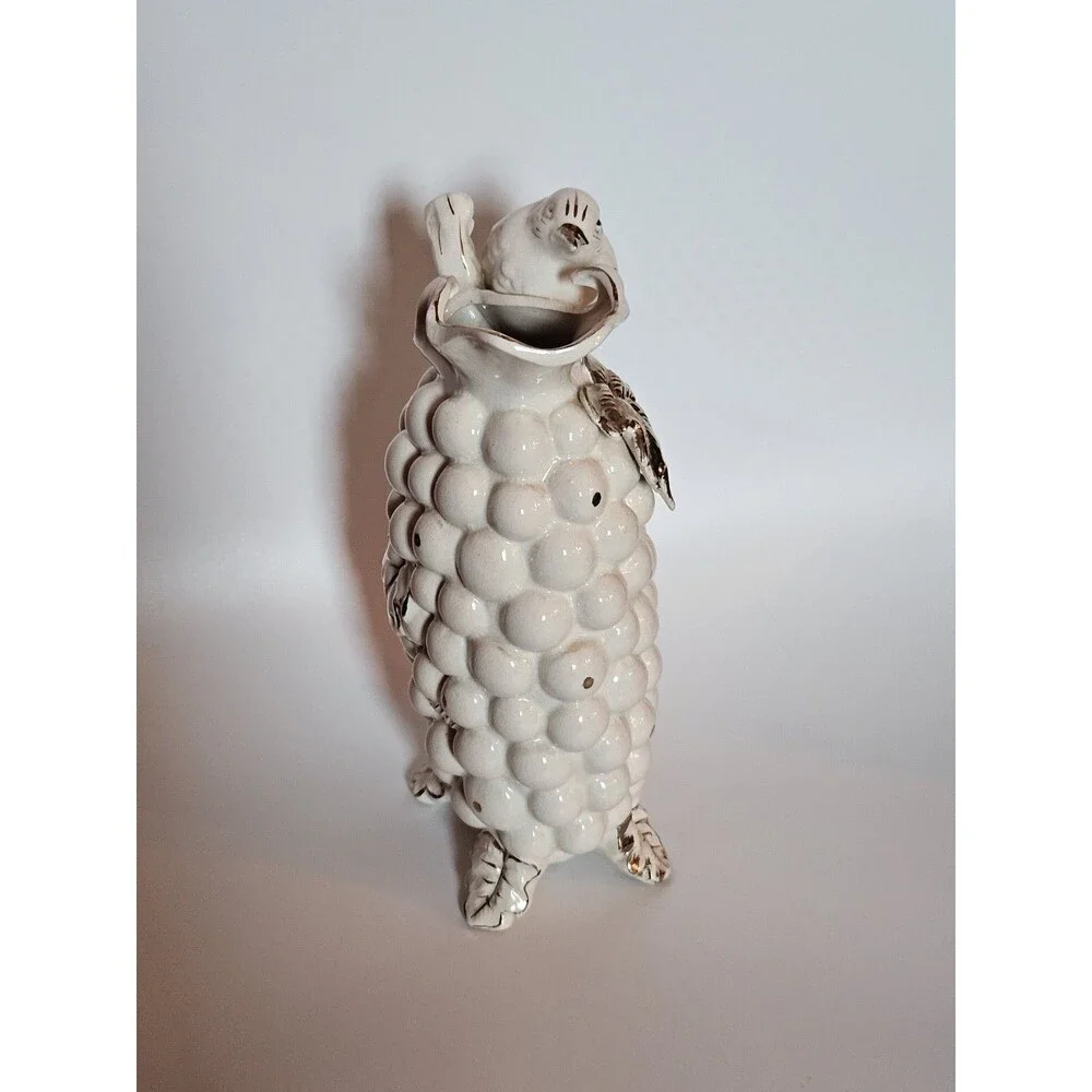 Vintage Gold White Tilso Japan Bird Grape Fruit Ceramic Pitcher Urn